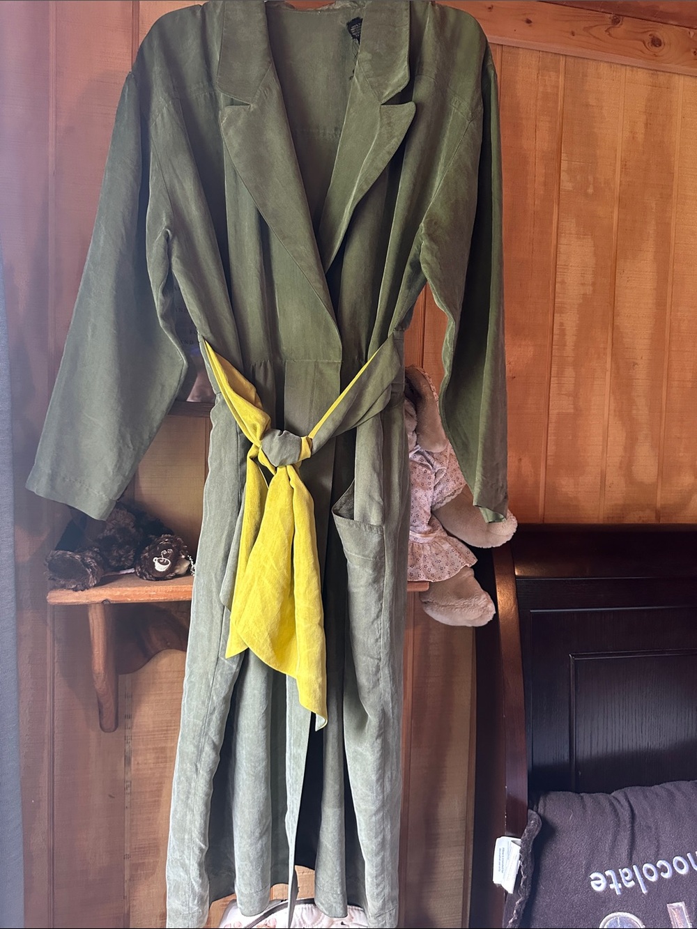 100% silk 1990s Olive Green Belted Trench dress with Yellow Sash 8261.6cv